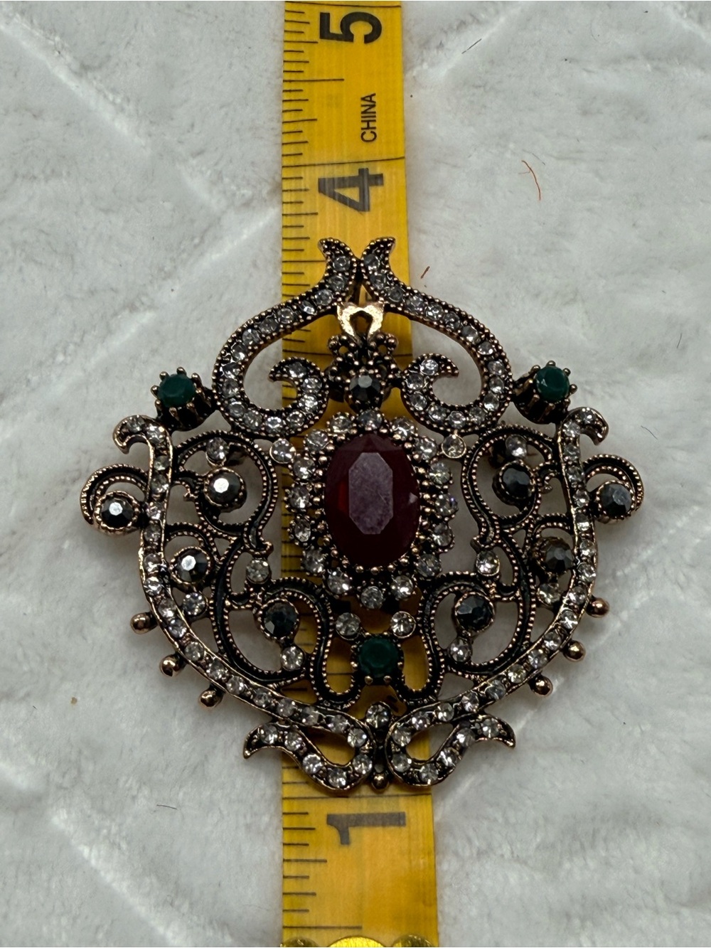 Vintage-Inspired Red & Green Filigree Statement Brooch
